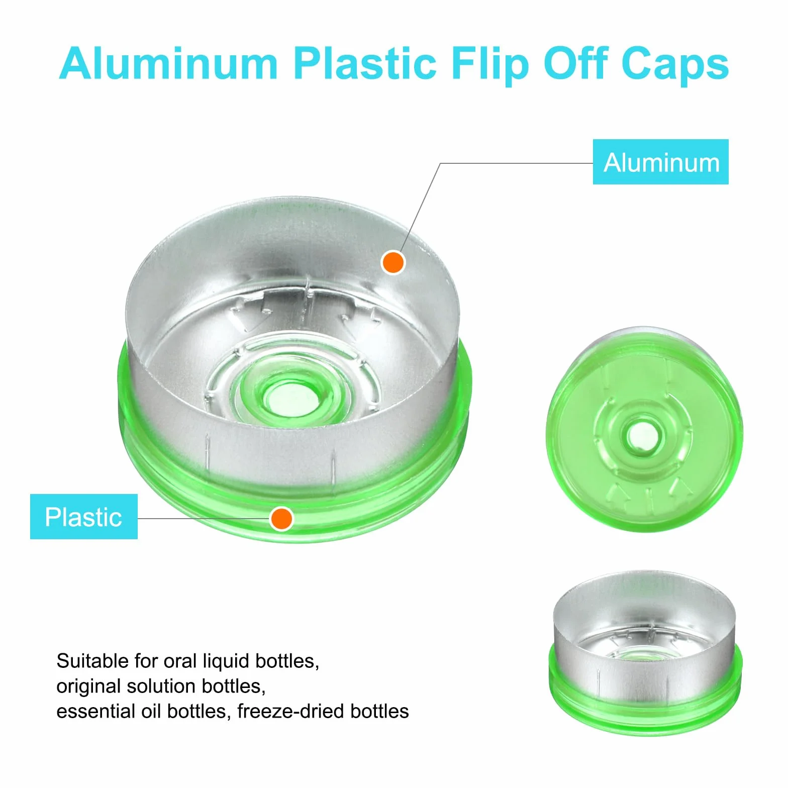 QUARKZMAN 20 mm czapki z klapką, 100 szt. górnych zatyczek bez zadziorów, uszczelki, fiolki, plastik, aluminium, pokrywa do butelek liofilizowanych fiolek, szkła, zielony/srebrny