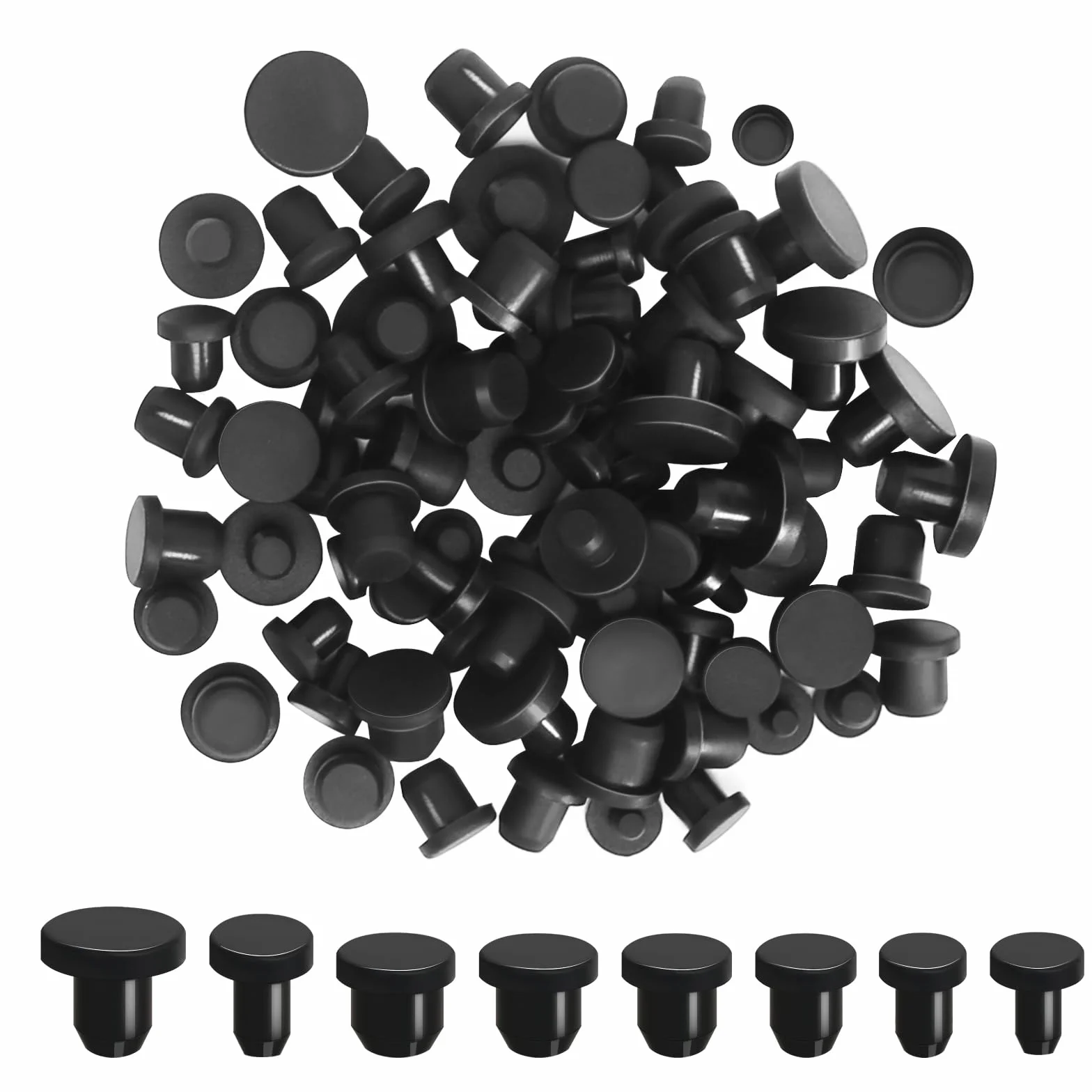 80 sztuk zatyczek gumowych, silikonowych, czarnych, solidnych zatyczek silikonowych, okrągłe, silikonowe, miękkie do otworów, średnica wewnętrzna 4-9,5 mm, do butelek