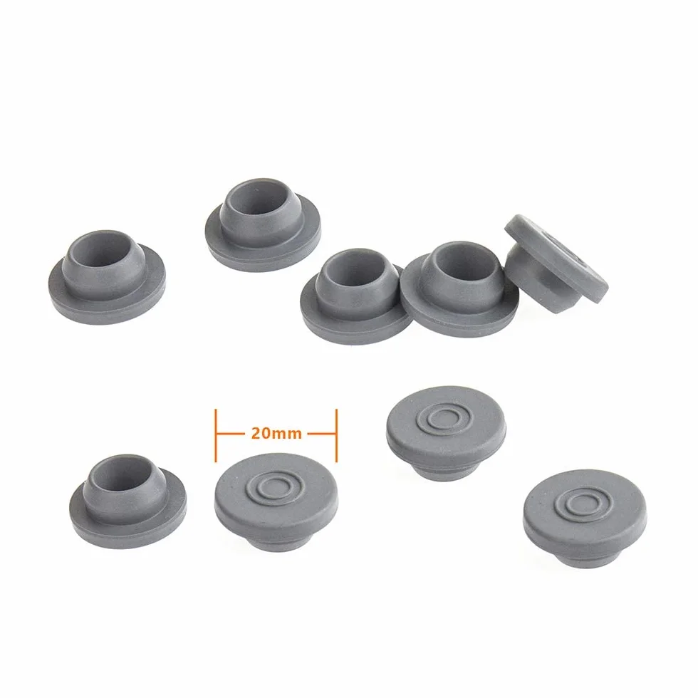 ALWSCI 100 sztuk gumowych otworów wtryskowych w kształcie grzybów, szare gumowe korki butylowe, 20 mm, gumowe korki do otwierania szklanych fiolek i szklanek z płynem
